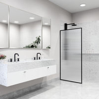 Meridian 34 in. W x 74 in. H Framed Fixed Shower Screen Door and Meridian 4-Piece Bath Hardware Set in Matte Black