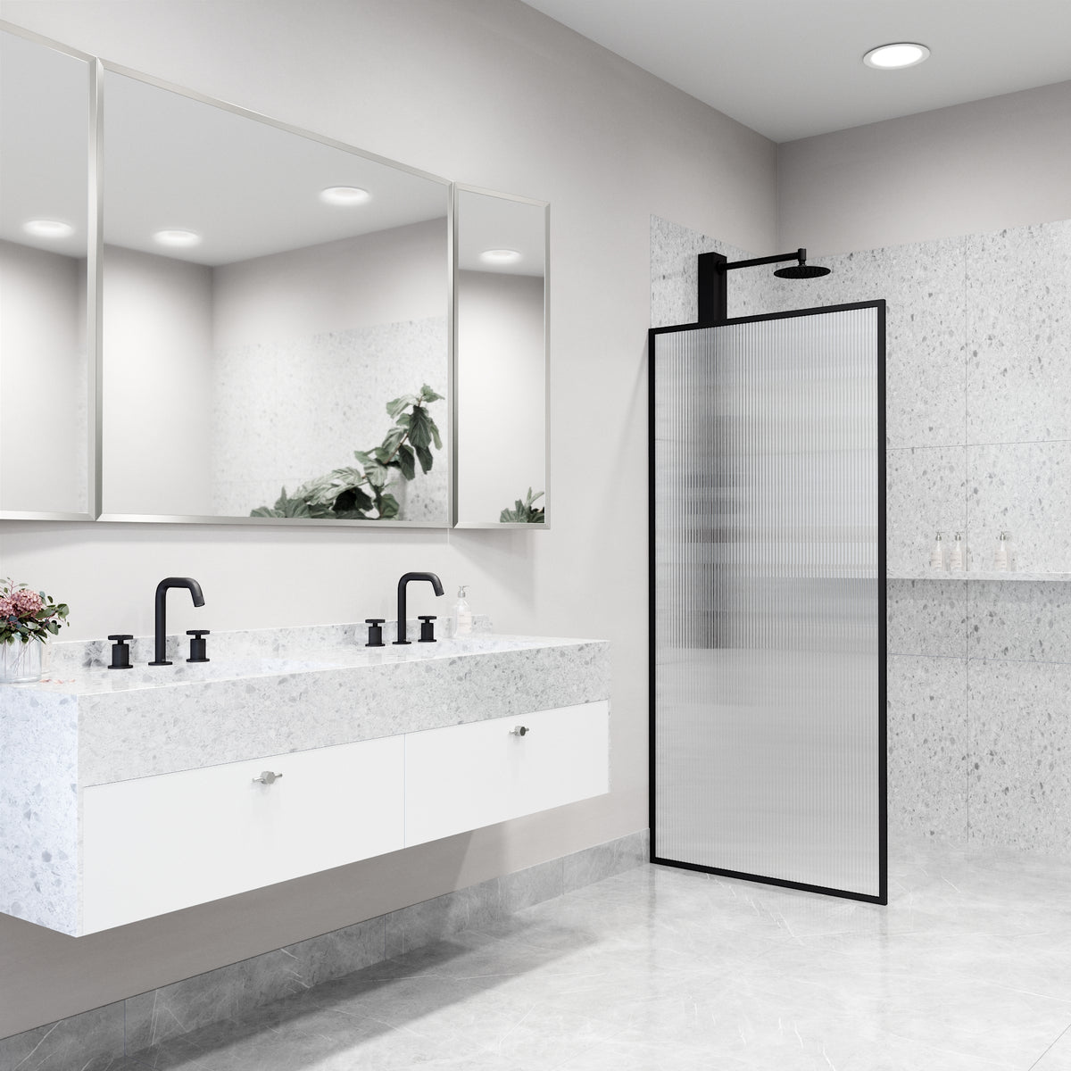 Meridian 34 in. W x 74 in. H Framed Fixed Shower Screen Door and Meridian 4-Piece Bath Hardware Set in Matte Black