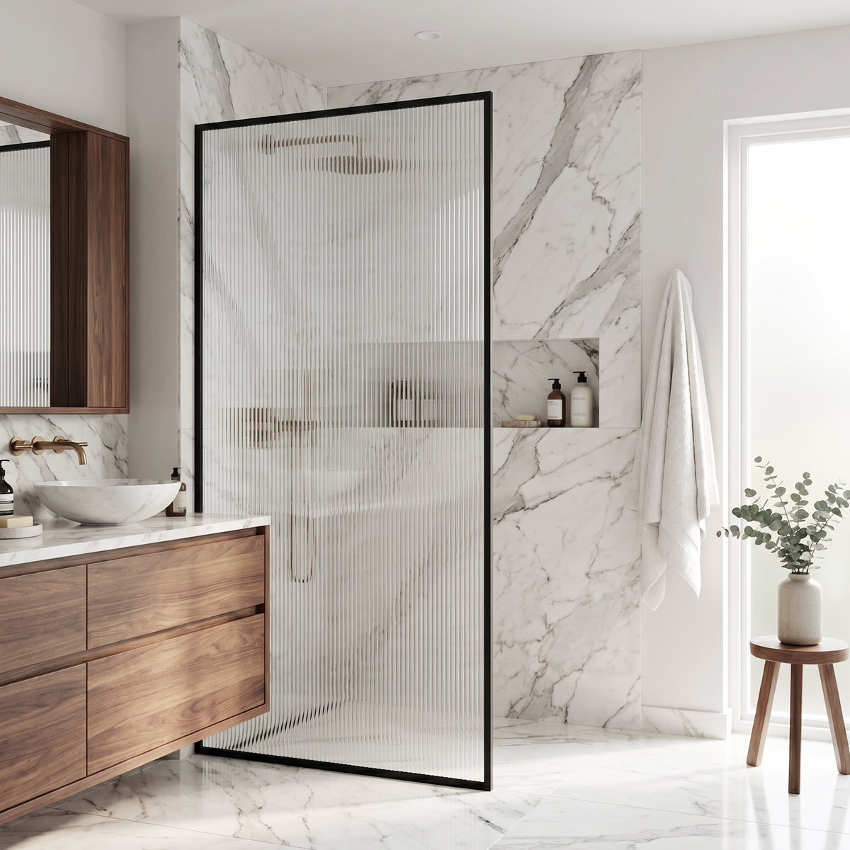 Meridian 34 in. W x 74 in. H Framed Fixed Shower Screen Door and Meridian 4-Piece Bath Hardware Set in Matte Black