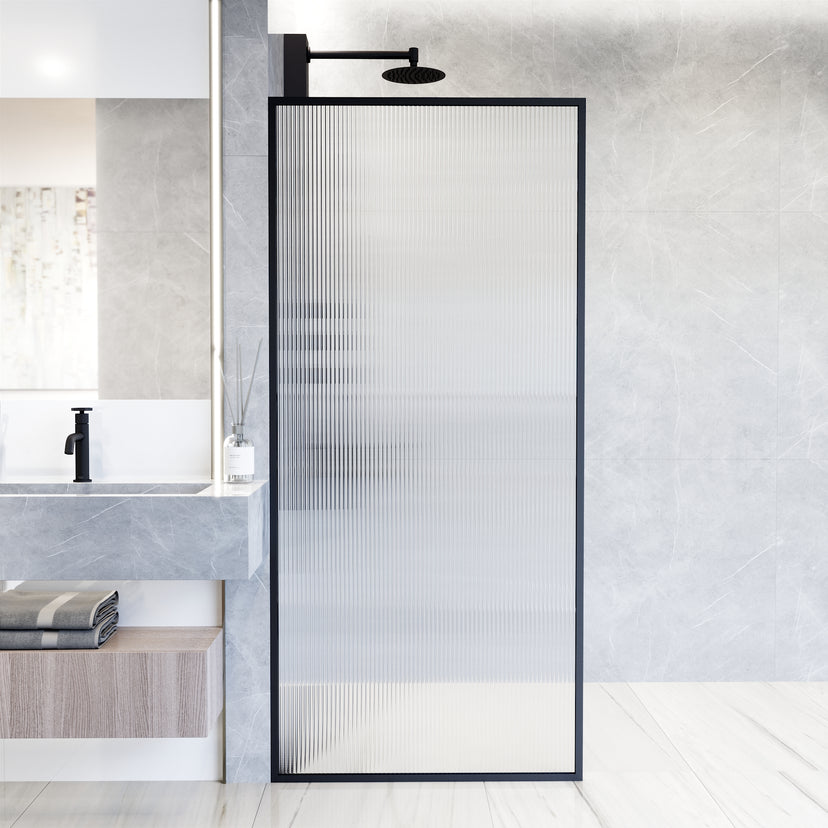 Meridian 34 in. W x 74 in. H Framed Fixed Shower Screen Door and Meridian 4-Piece Bath Hardware Set in Matte Black