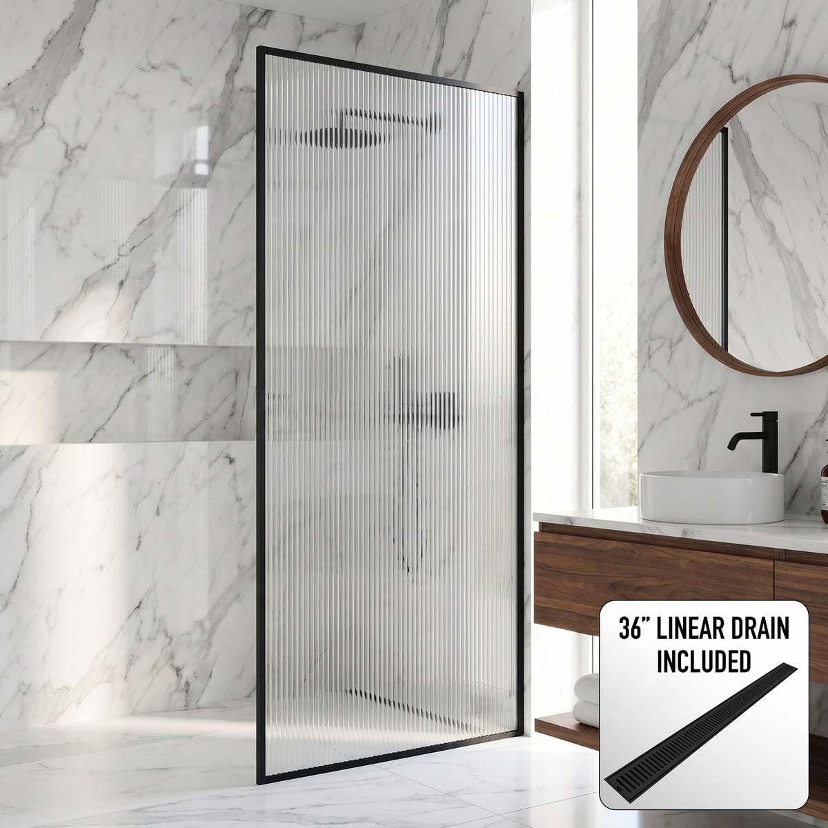 Meridian 34 in. W x 74 in. H Framed Fixed Shower Screen in Matte Black with 3/8 in. (10mm) Fluted Glass and Elan 36 in. Linear Shower Drain