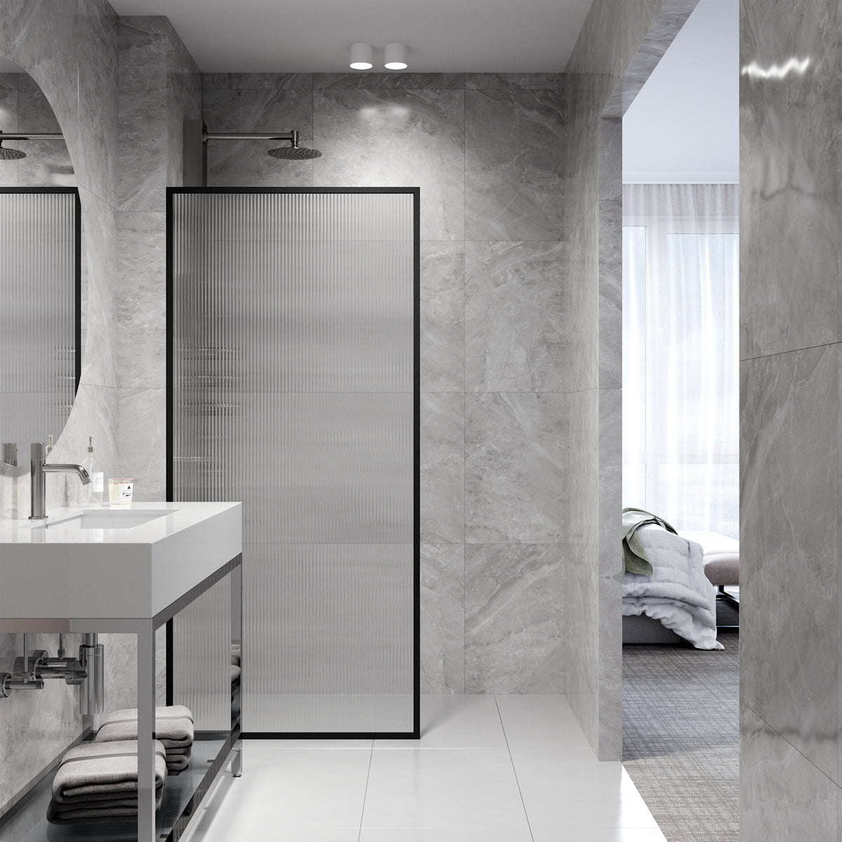Meridian 34 in. W x 74 in. H Framed Fixed Shower Screen in Matte Black with 3/8 in. (10mm) Fluted Glass and Elan 36 in. Linear Shower Drain