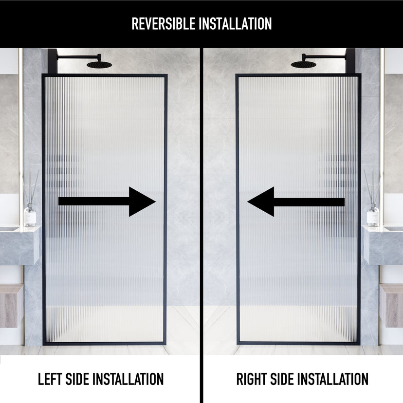 Meridian 34 in. W x 74 in. H Framed Fixed Shower Screen in Matte Black with 3/8 in. (10mm) Fluted Glass and Elan 36 in. Linear Shower Drain