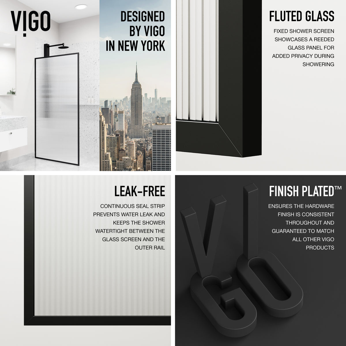 Meridian 34 in. W x 74 in. H Framed Fixed Shower Screen in Matte Black with 3/8 in. (10mm) Fluted Glass and Elan 36 in. Linear Shower Drain