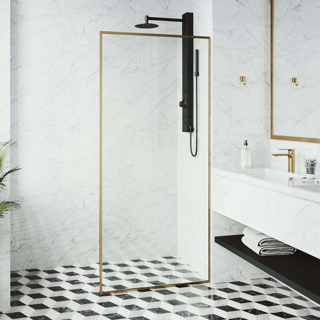 Matte brushed gold framed shower screen with clear tempered glass, fixed installation, modern style