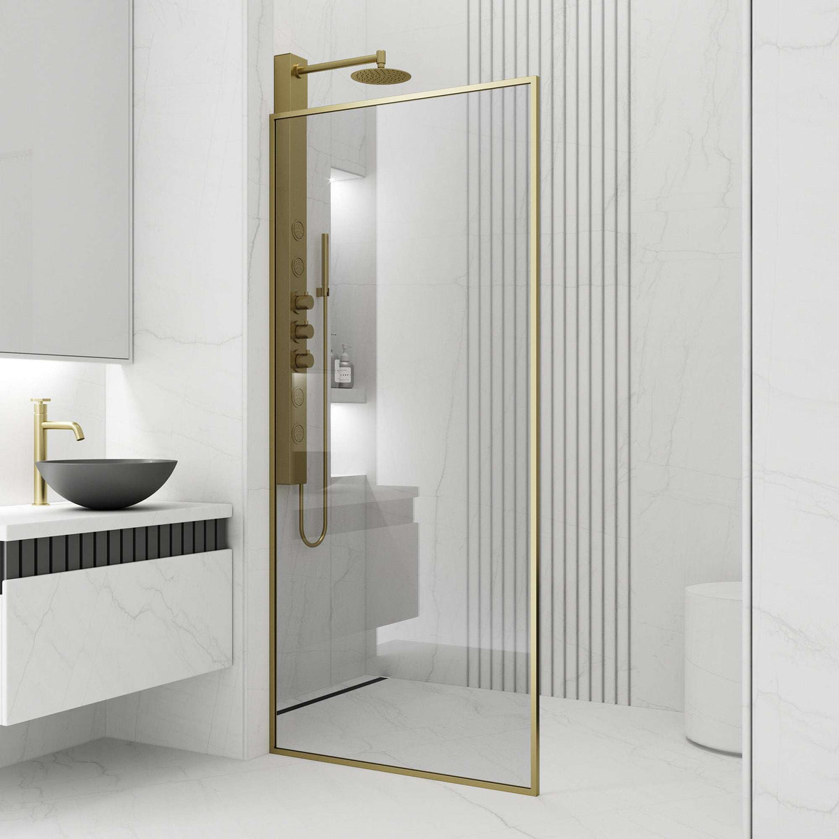 Framed shower screen, matte gold finish, clear glass, 74-inch assembled height, fixed installation