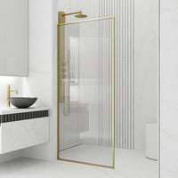 Reversible door shower screen, matte gold frame, fluted tempered glass, modern bathroom design