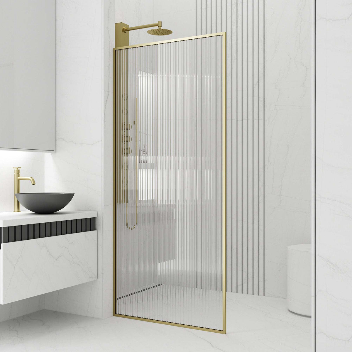 Reversible door shower screen, matte gold frame, fluted tempered glass, modern bathroom design