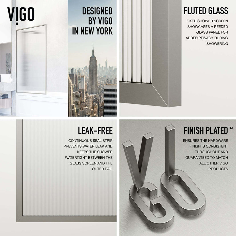 VIGO Meridian 34 x 62 in. Framed Fixed Tub Screen with Clear/Fluted Tempered Glass