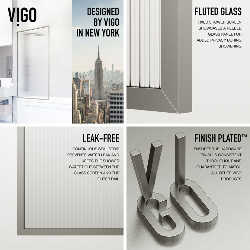 VIGO Meridian 34 x 62 in. Framed Fixed Tub Screen with Clear/Fluted Tempered Glass