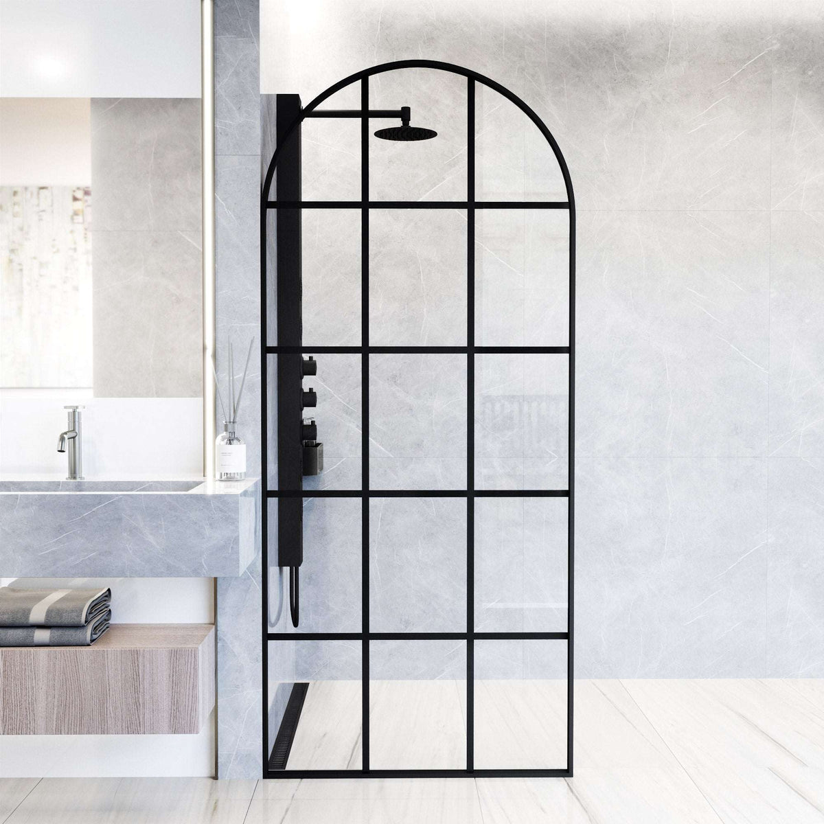 Modern framed shower screen with matte black finish and clear grid glass