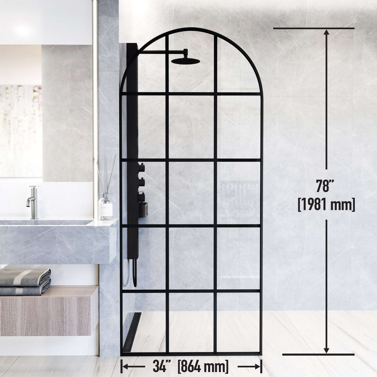 78-inch tall shower screen with stainless steel hardware and grid glass pattern
