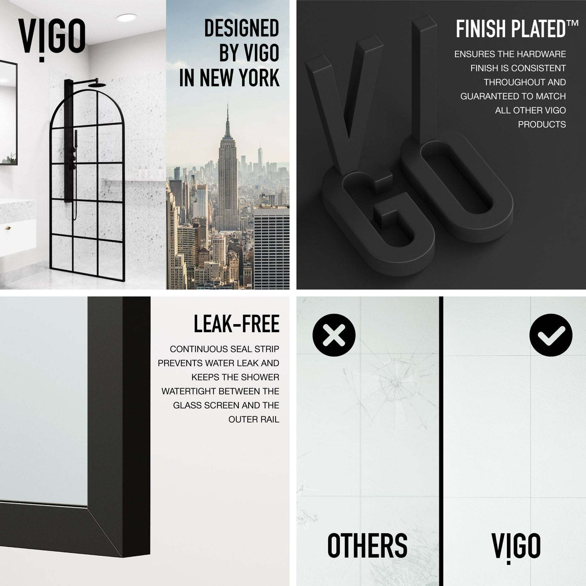 Contemporary shower screen with matte black frame and clear grid tempered glass