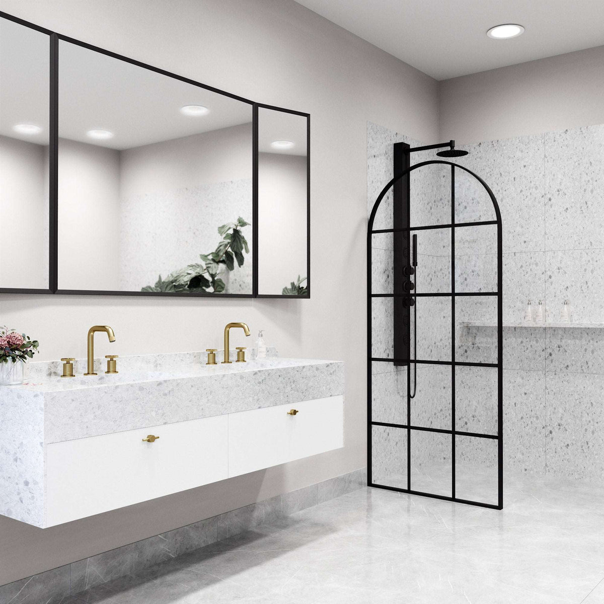 Shower screen with included mounting hardware and clear grid glass