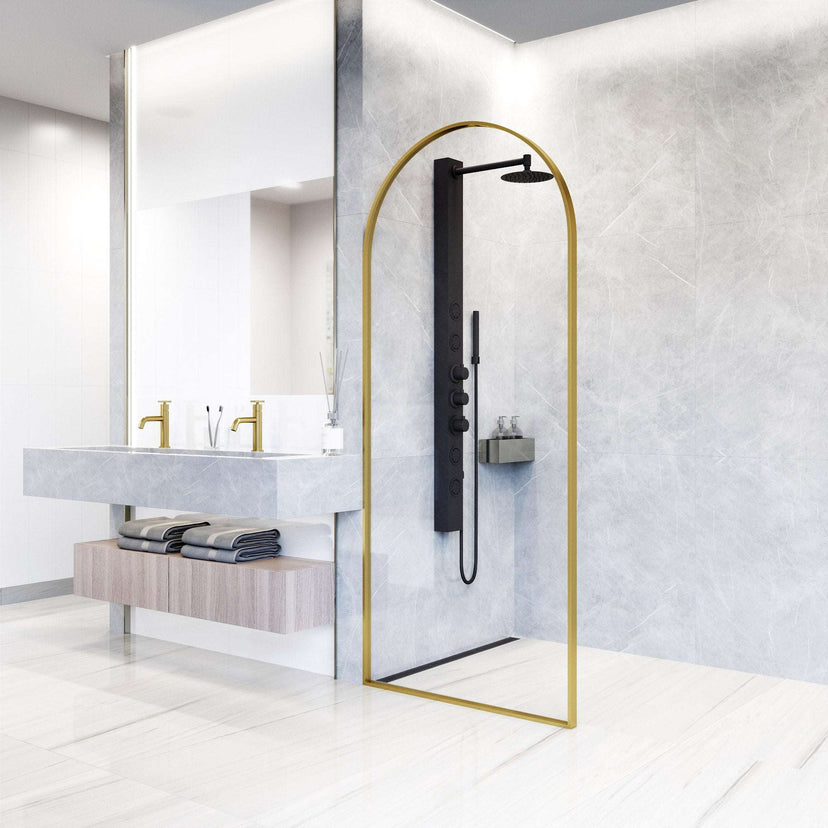 Fixed shower screen with stainless steel hardware and matte gold frame