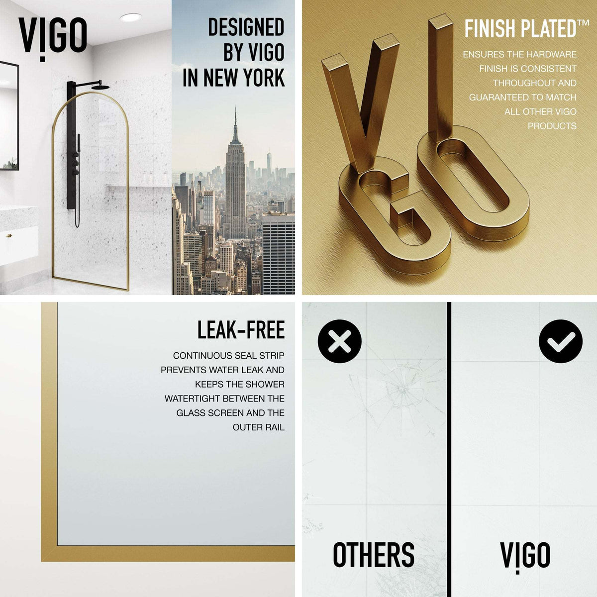 Contemporary framed shower door with matte gold finish and tempered glass
