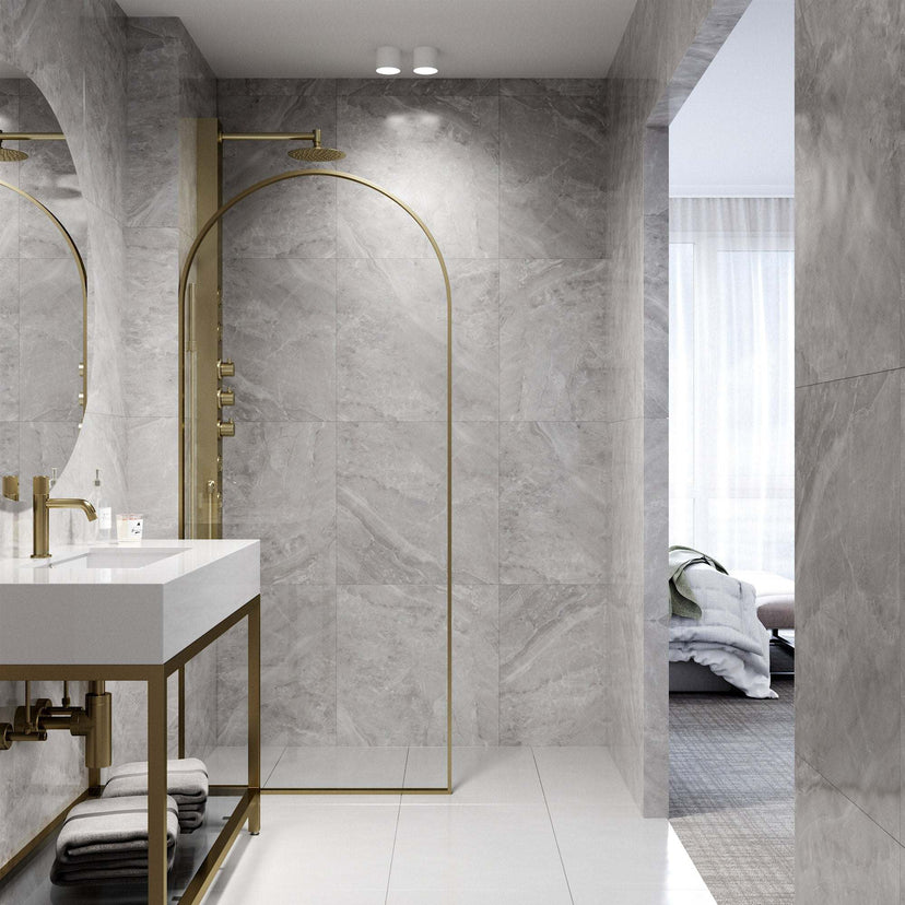 Stainless steel hardware shower screen with matte gold frame and fixed opening
