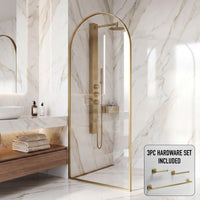 Arden 34 in. W x 78 in. H Framed Fixed Shower Screen Door and Satro 3-Piece Bath Hardware Set in Matte Brushed Gold