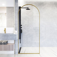 Arden 34 in. W x 78 in. H Framed Fixed Shower Screen Door and Satro 3-Piece Bath Hardware Set in Matte Brushed Gold