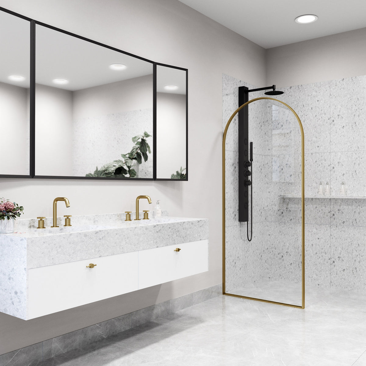 Arden 34 in. W x 78 in. H Framed Fixed Shower Screen Door and Satro 3-Piece Bath Hardware Set in Matte Brushed Gold