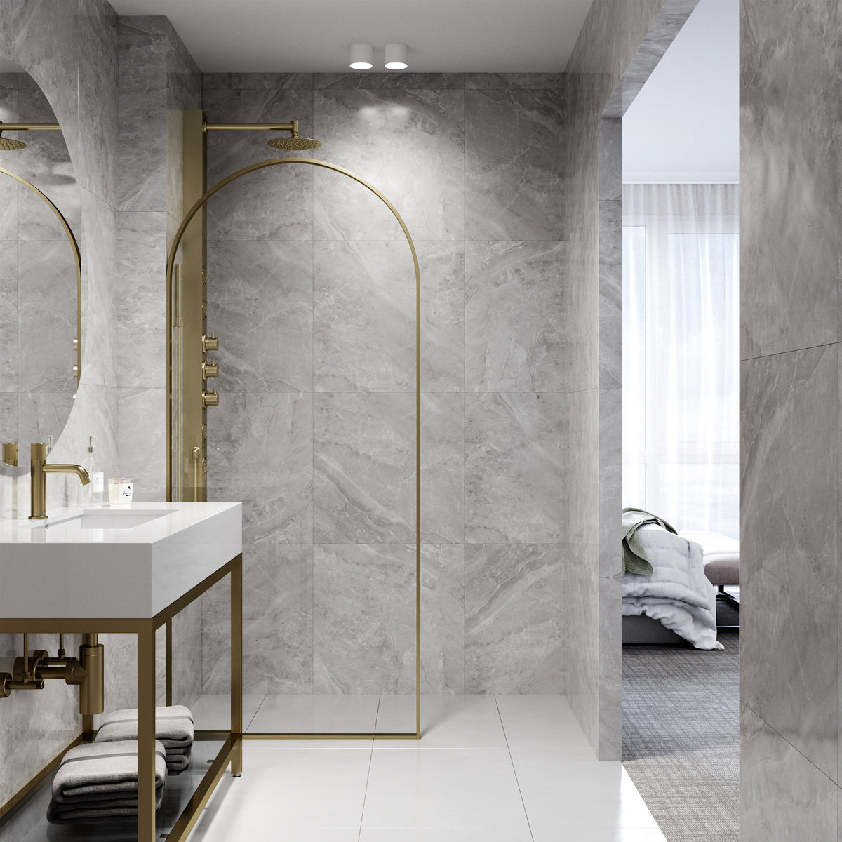Arden 34 in. W x 78 in. H Framed Fixed Shower Screen Door and Satro 3-Piece Bath Hardware Set in Matte Brushed Gold