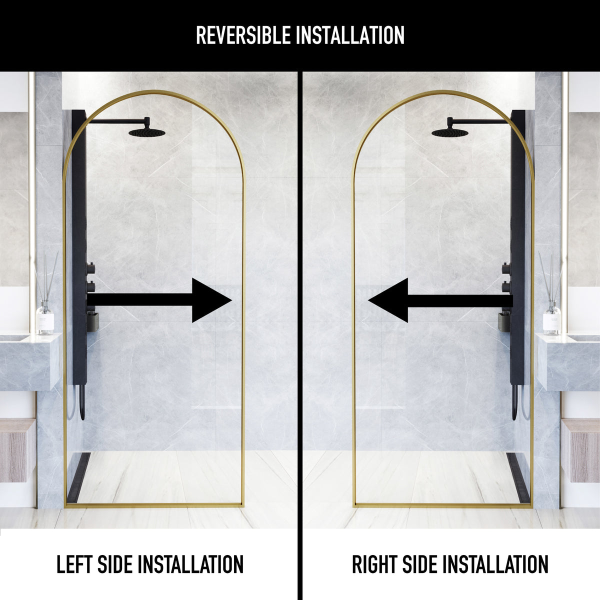 Arden 34 in. W x 78 in. H Framed Fixed Shower Screen Door and Satro 3-Piece Bath Hardware Set in Matte Brushed Gold