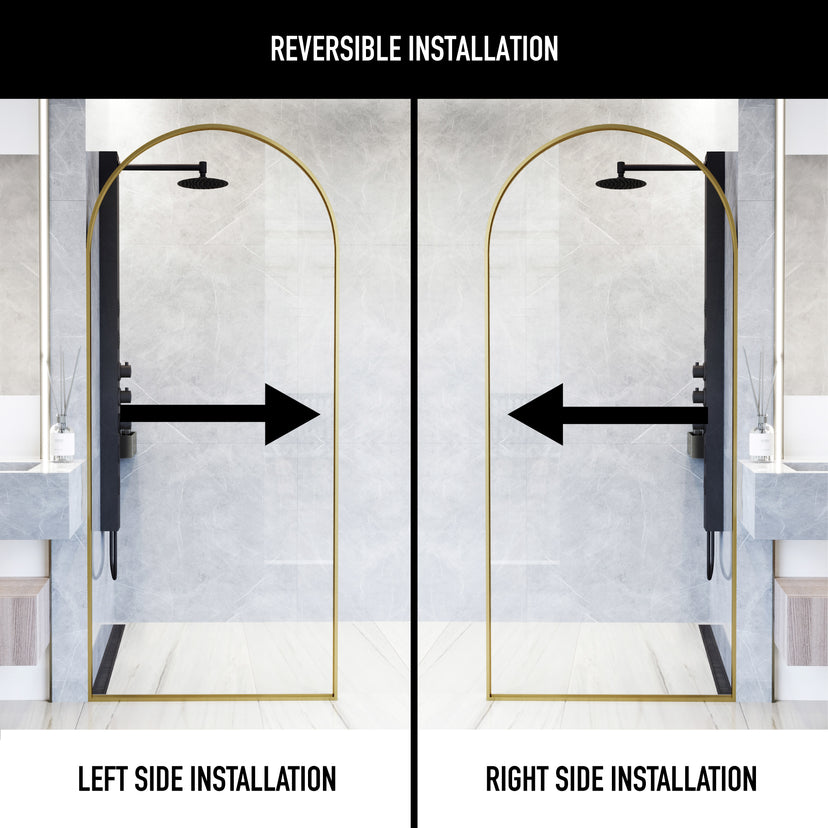 Arden 34 in. W x 78 in. H Framed Fixed Shower Screen Door and Satro 3-Piece Bath Hardware Set in Matte Brushed Gold