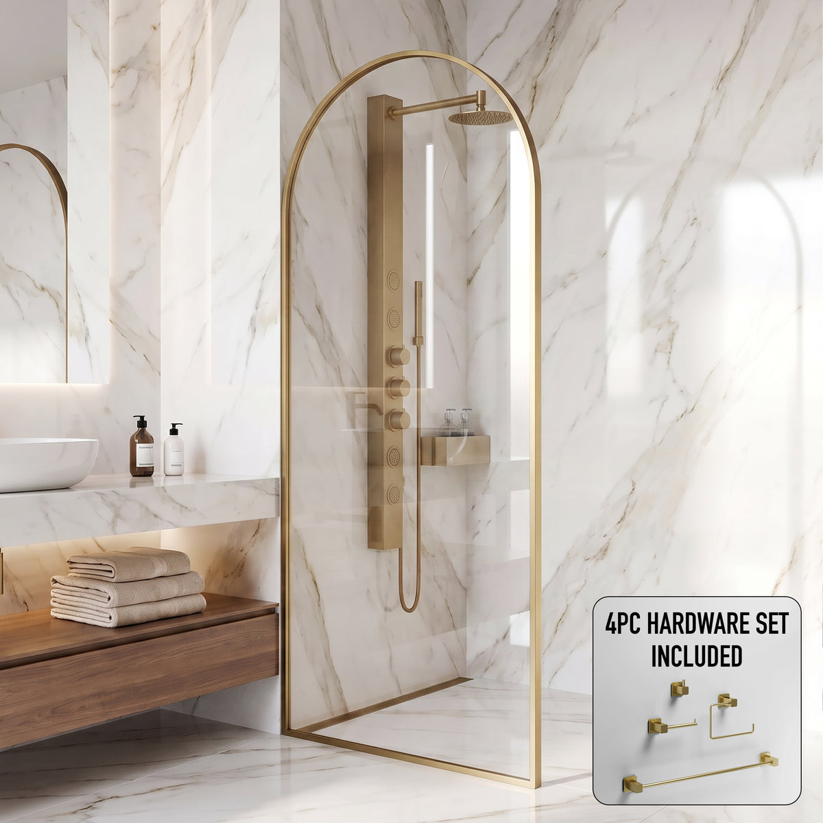 Arden 34 in. W x 78 in. H Framed Fixed Shower Screen Door and Meridian 4-Piece Bath Hardware Set in Matte Brushed Gold