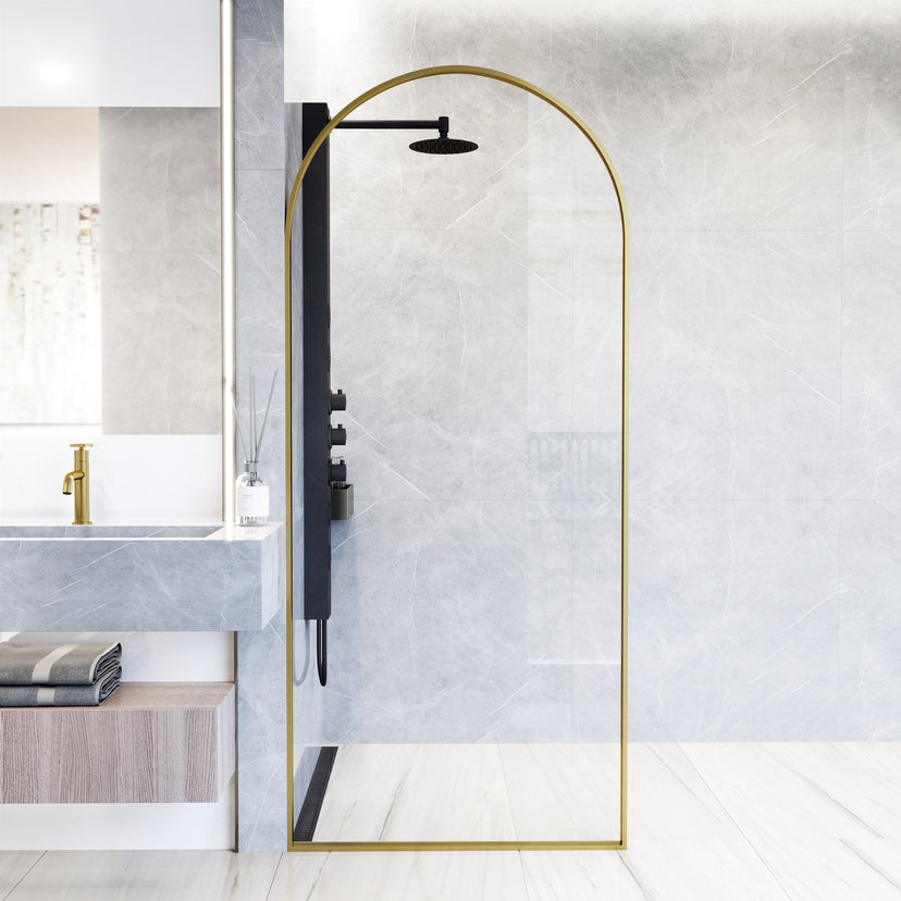Arden 34 in. W x 78 in. H Framed Fixed Shower Screen Door and Meridian 4-Piece Bath Hardware Set in Matte Brushed Gold