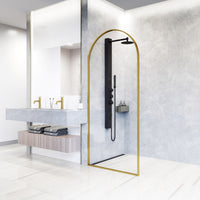Arden 34 in. W x 78 in. H Framed Fixed Shower Screen Door and Meridian 4-Piece Bath Hardware Set in Matte Brushed Gold