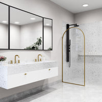 Arden 34 in. W x 78 in. H Framed Fixed Shower Screen Door and Meridian 4-Piece Bath Hardware Set in Matte Brushed Gold
