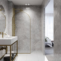 Arden 34 in. W x 78 in. H Framed Fixed Shower Screen Door and Meridian 4-Piece Bath Hardware Set in Matte Brushed Gold