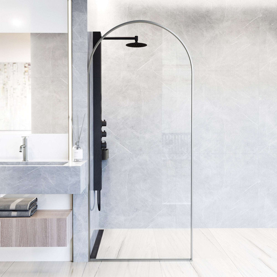Modern framed shower screen with stainless steel finish and clear glass