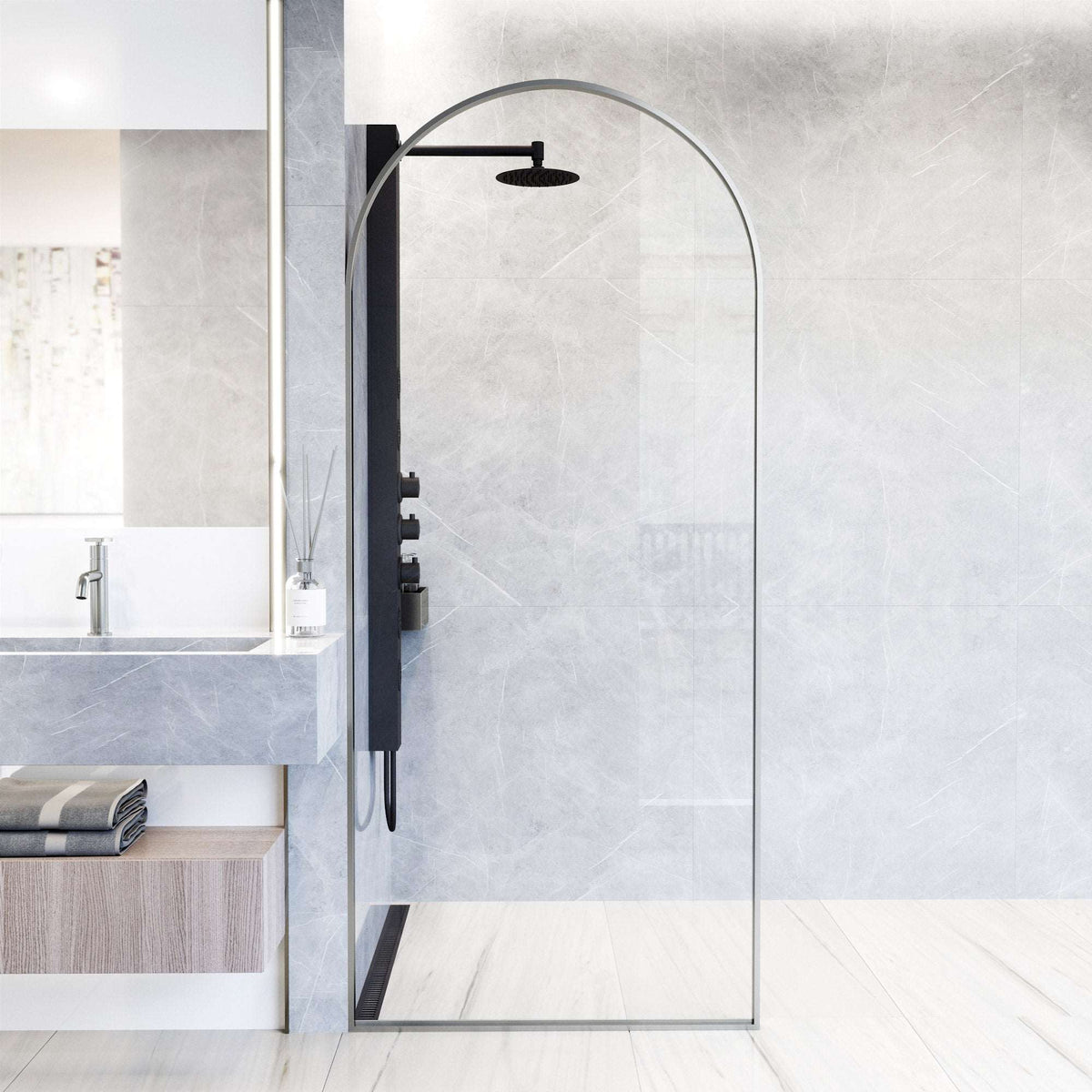 Modern framed shower screen with stainless steel finish and clear glass