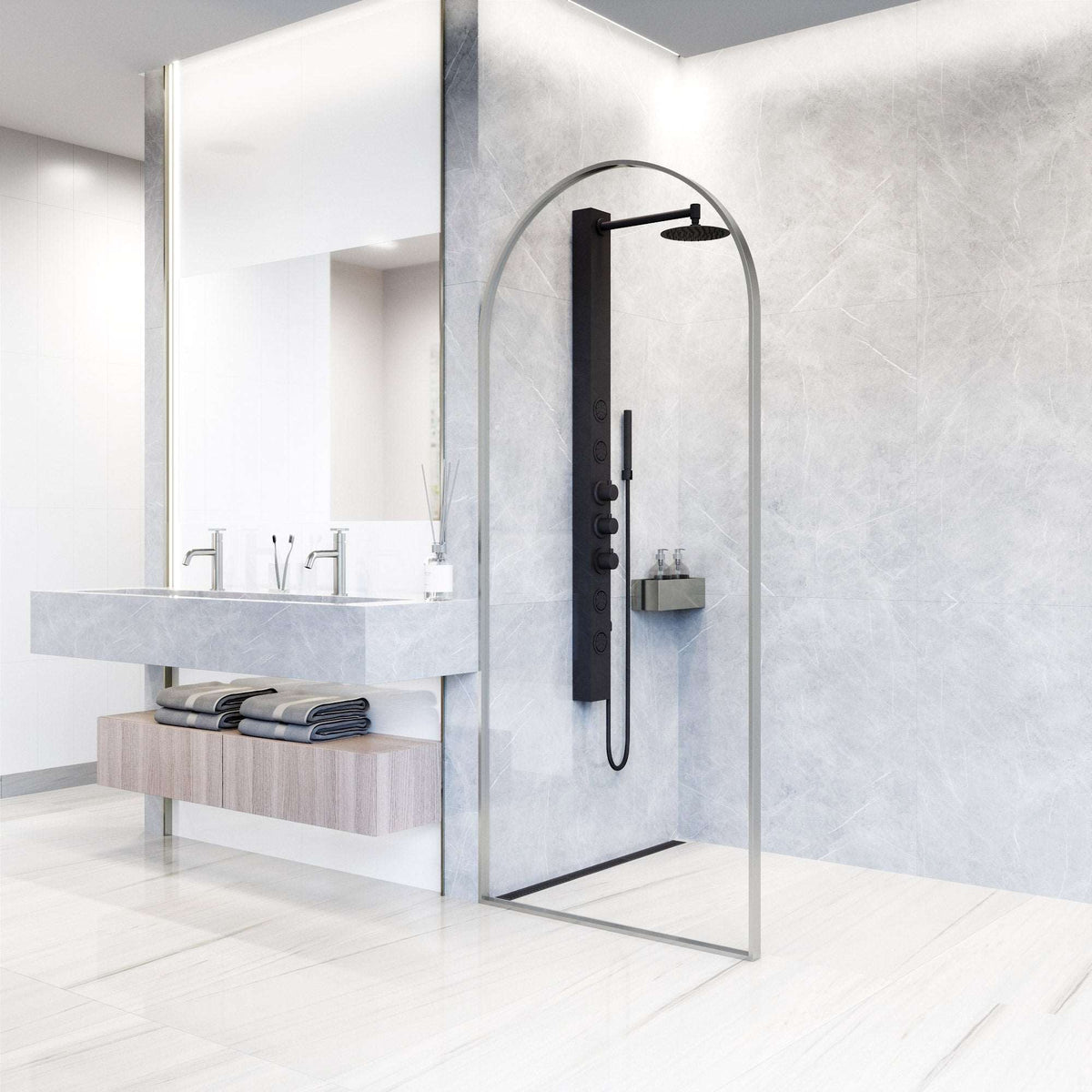 Fixed shower screen featuring stainless steel frame and clear tempered glass
