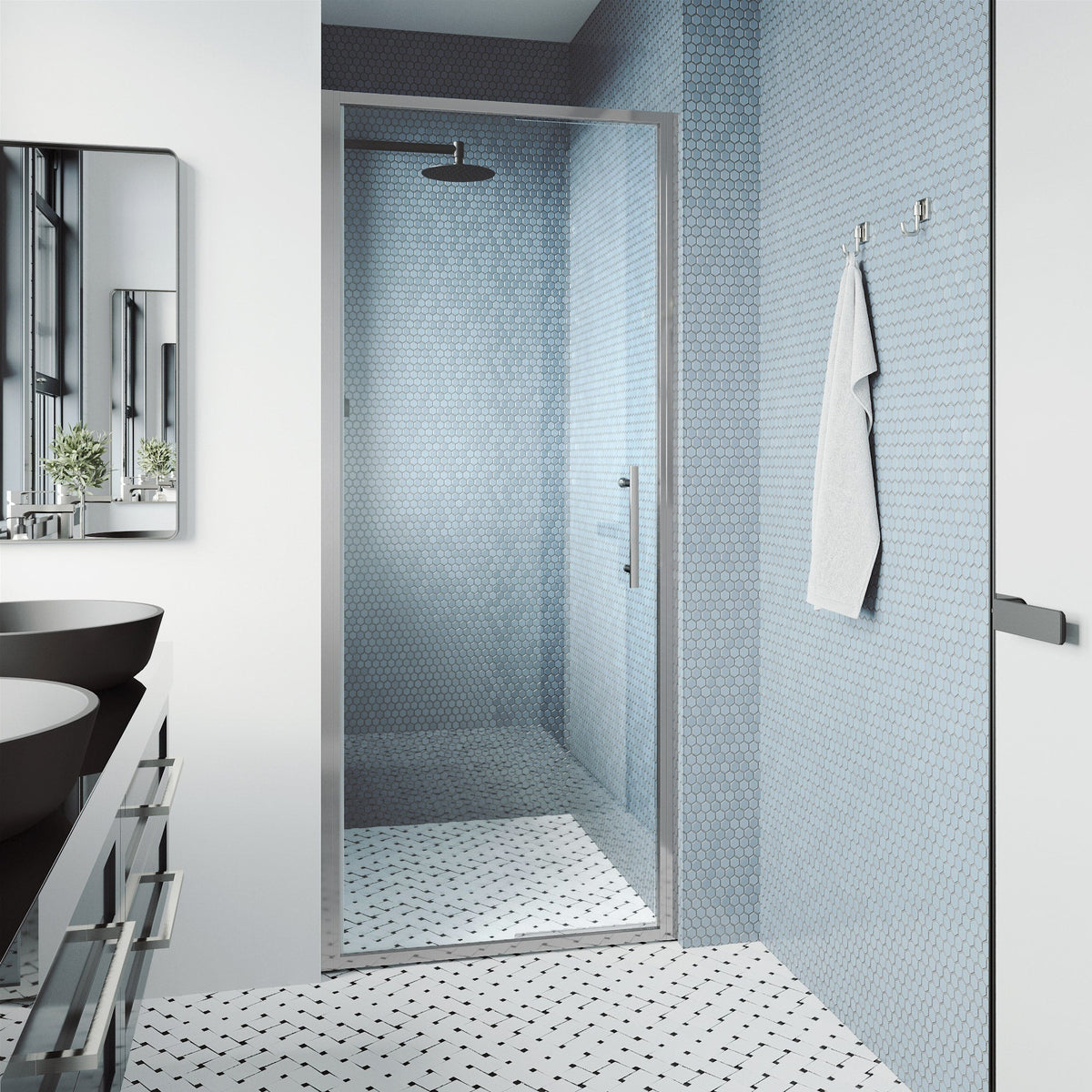Chrome framed shower door with clear tempered glass and bar handle