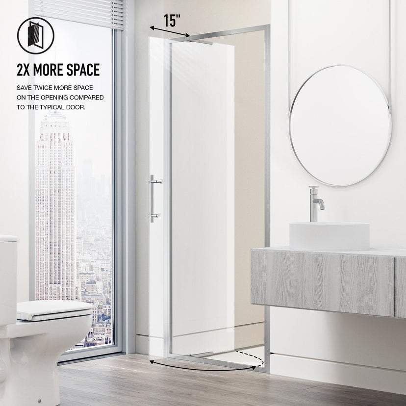 Modern alcove shower door with chrome finish and pivot opening