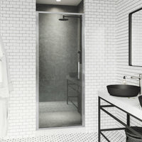 76-inch tall pivot shower door with chrome finish and included mounting hardware