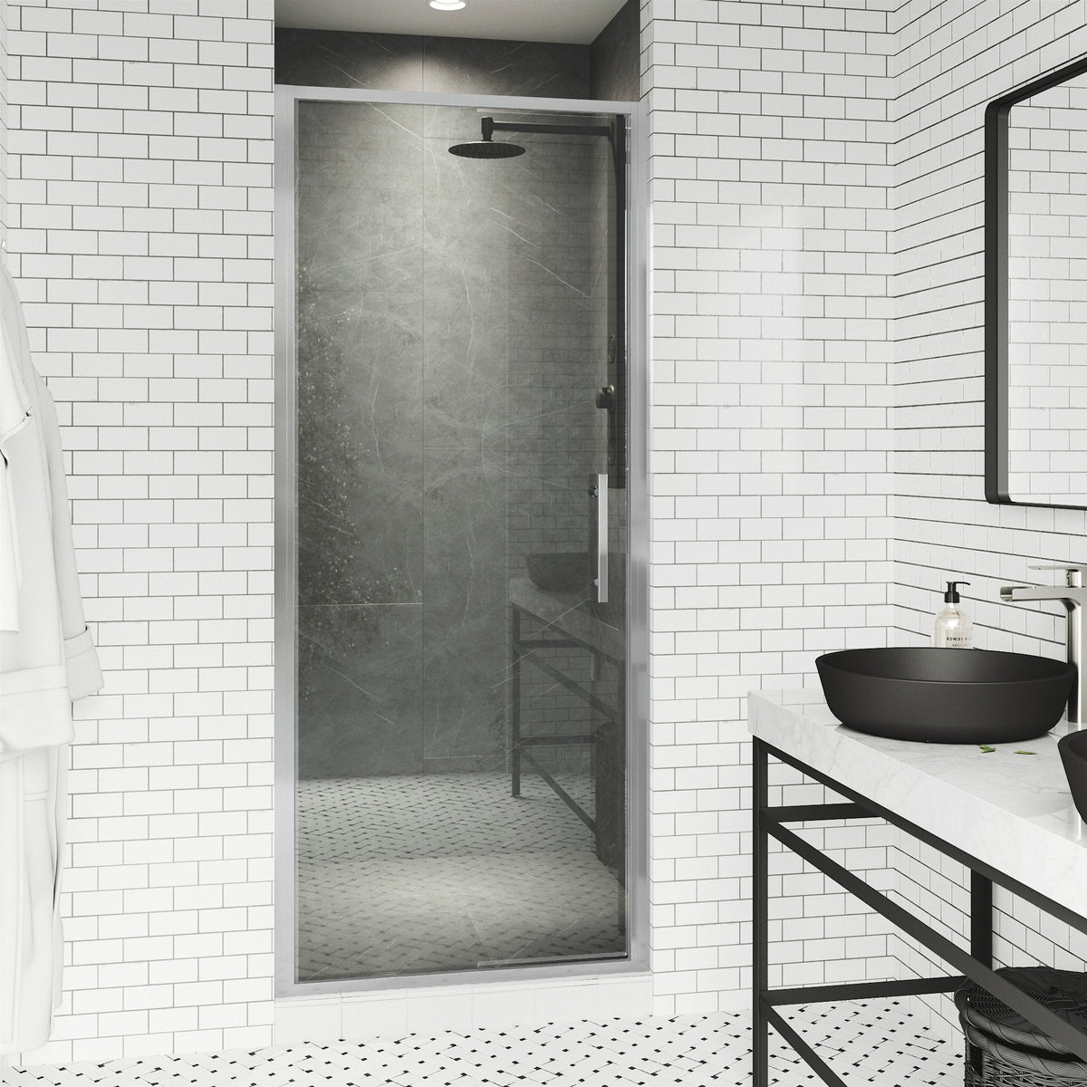 76-inch tall pivot shower door with chrome finish and included mounting hardware