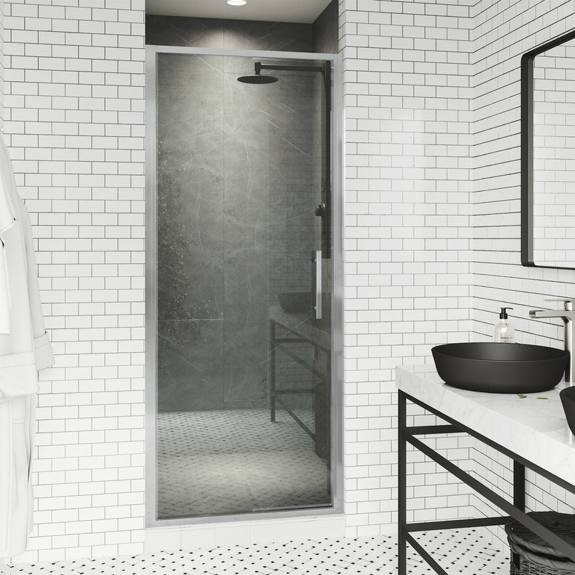 76-inch tall pivot shower door with chrome finish and included mounting hardware