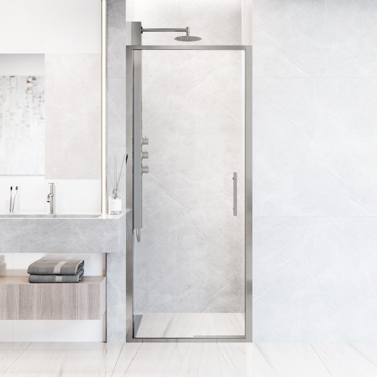 Chrome finish shower door with bar handle and clear glass pattern