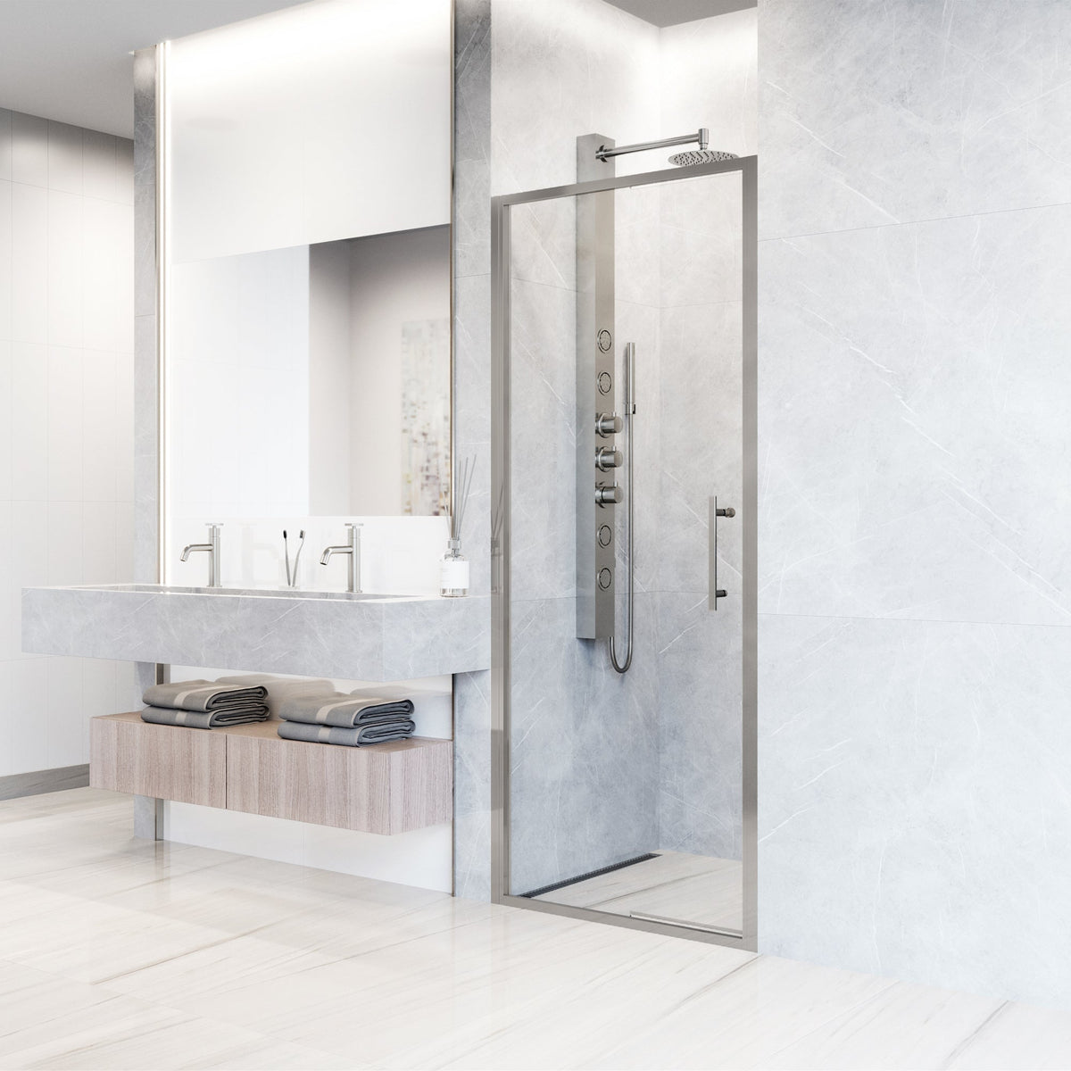 Alcove installation shower door with chrome frame and reversible door