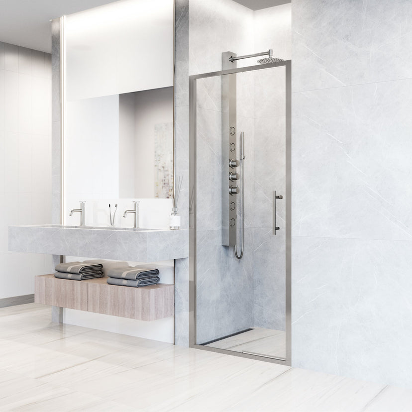 Alcove installation shower door with chrome frame and reversible door