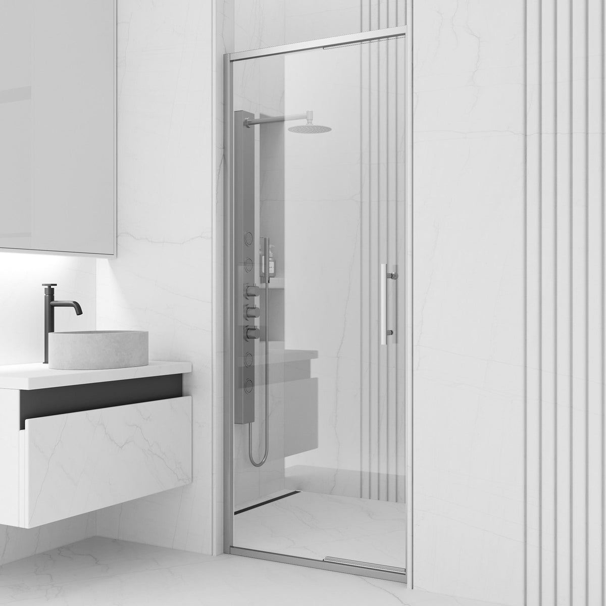 76-inch chrome shower door with clear glass and included mounting materials