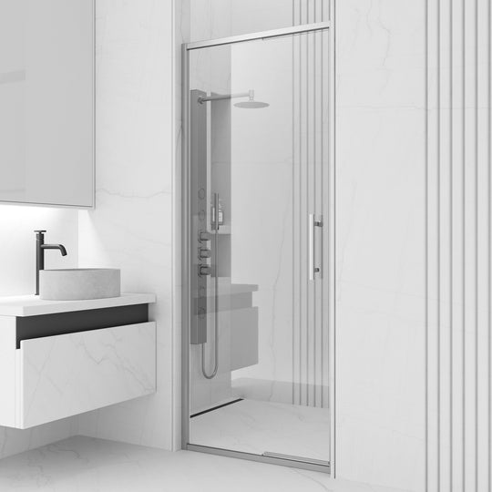 76-inch chrome shower door with clear glass and included mounting materials