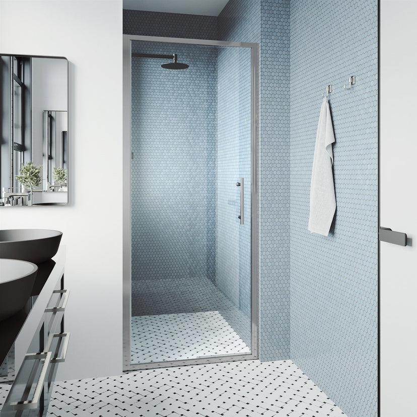 Alcove installation shower door with chrome frame and reversible door