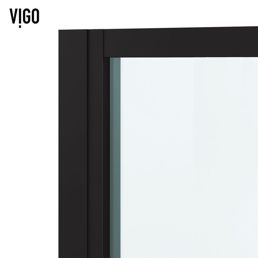 Clear tempered glass shower door with matte black finish and bar handle