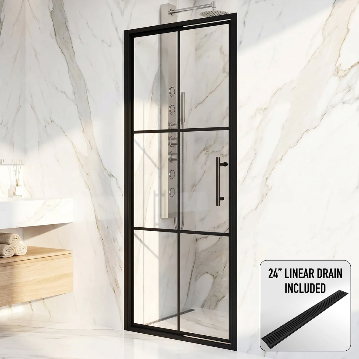 Astoria 32 in. x 76 in. Shower Door with Clear Glass in Matte Black Grid and Elan 24 in. Linear Shower Drain