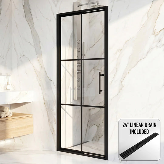 Astoria 32 in. x 76 in. Shower Door with Clear Glass in Matte Black Grid and Elan 24 in. Linear Shower Drain