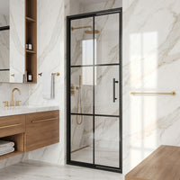 Astoria 32 in. x 76 in. Shower Door with Clear Glass in Matte Black Grid and Elan 24 in. Linear Shower Drain
